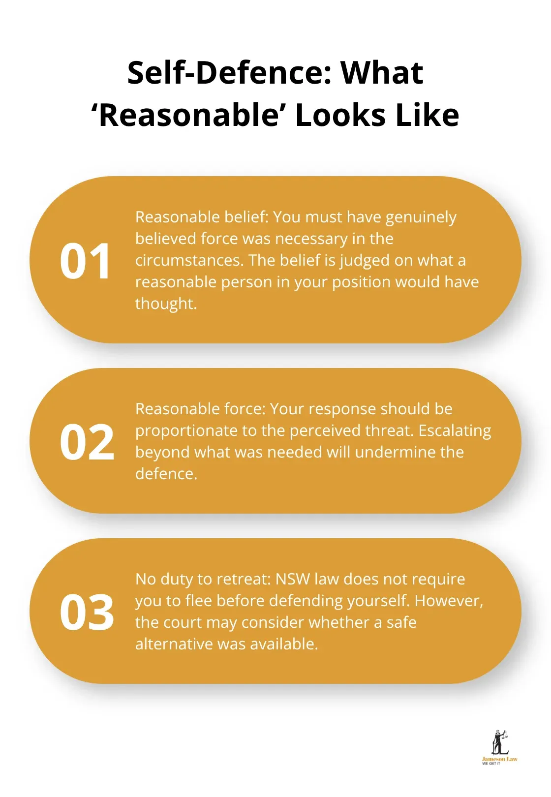 Three-point overview explaining how NSW courts assess reasonable belief and reasonable force in self-defence.