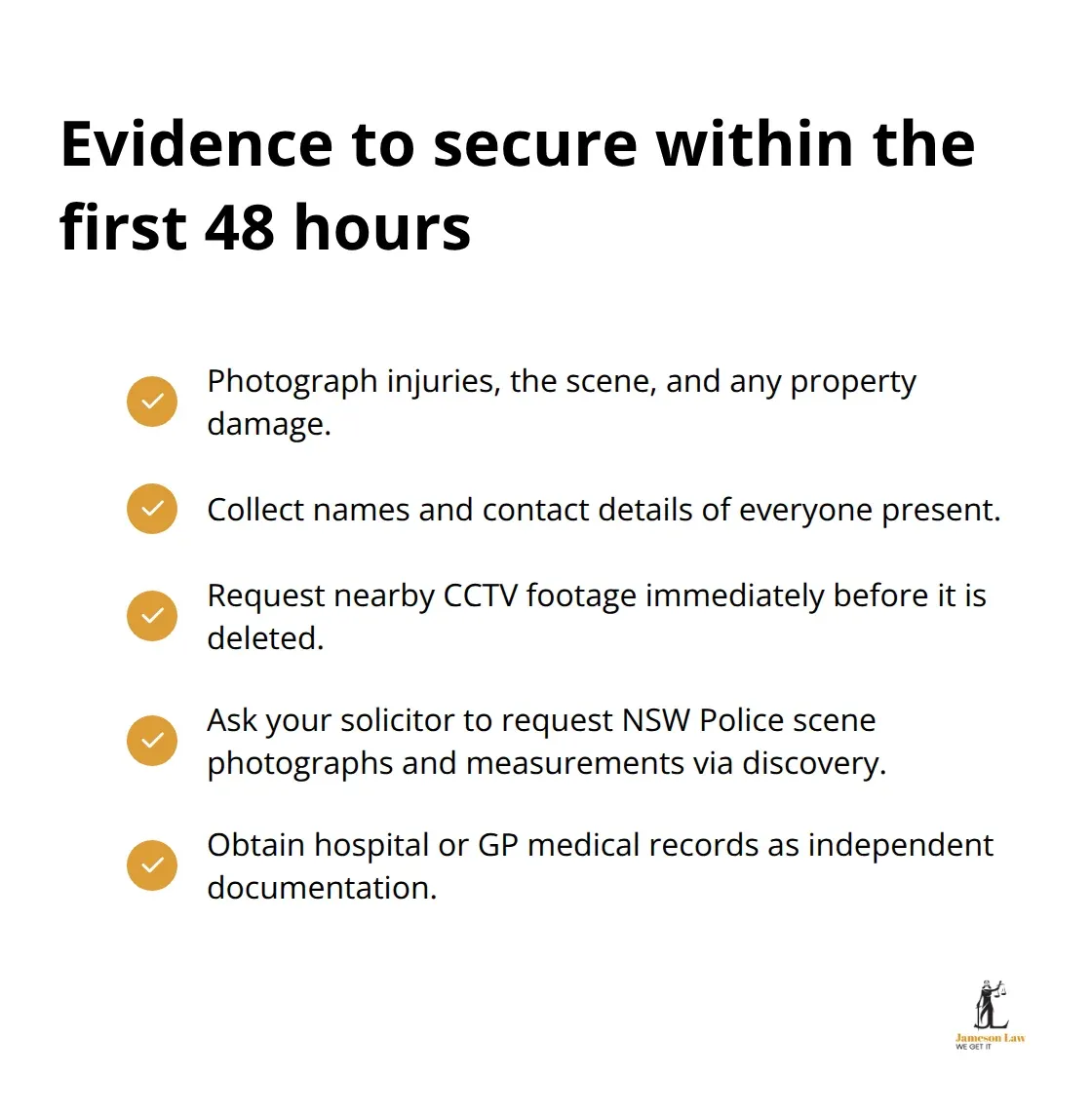 Checklist of priority evidence to gather within 48 hours after an incident in NSW - Assault defense strategy