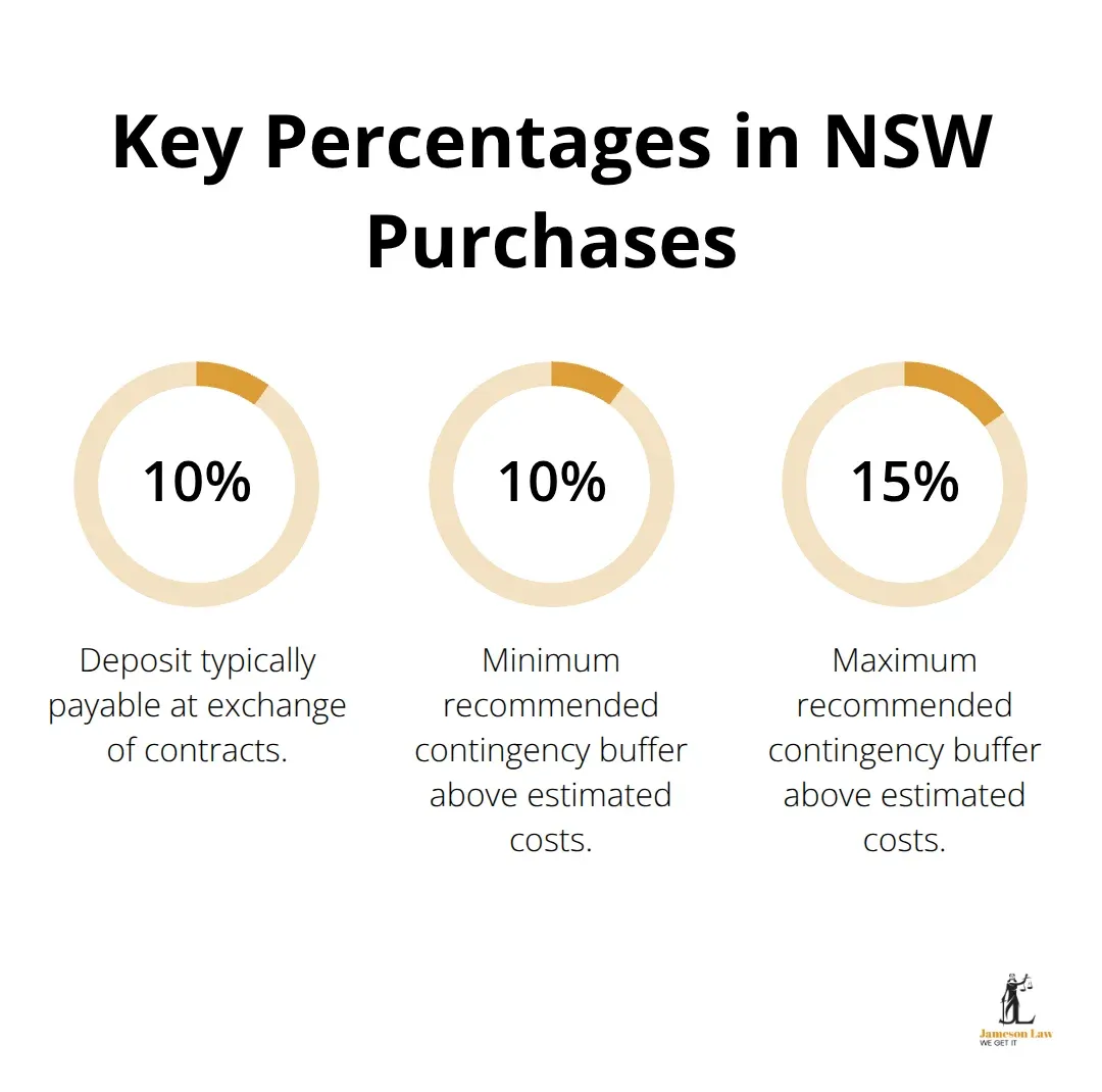 Percentage highlights for NSW property purchases: deposit and contingency buffer.