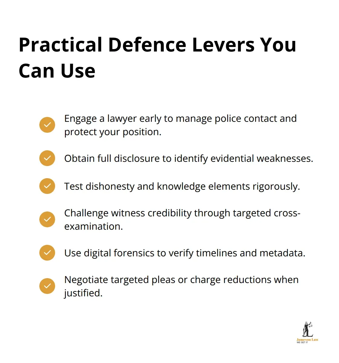 Checklist of actionable defence steps in NSW fraud matters, from early engagement to negotiation.