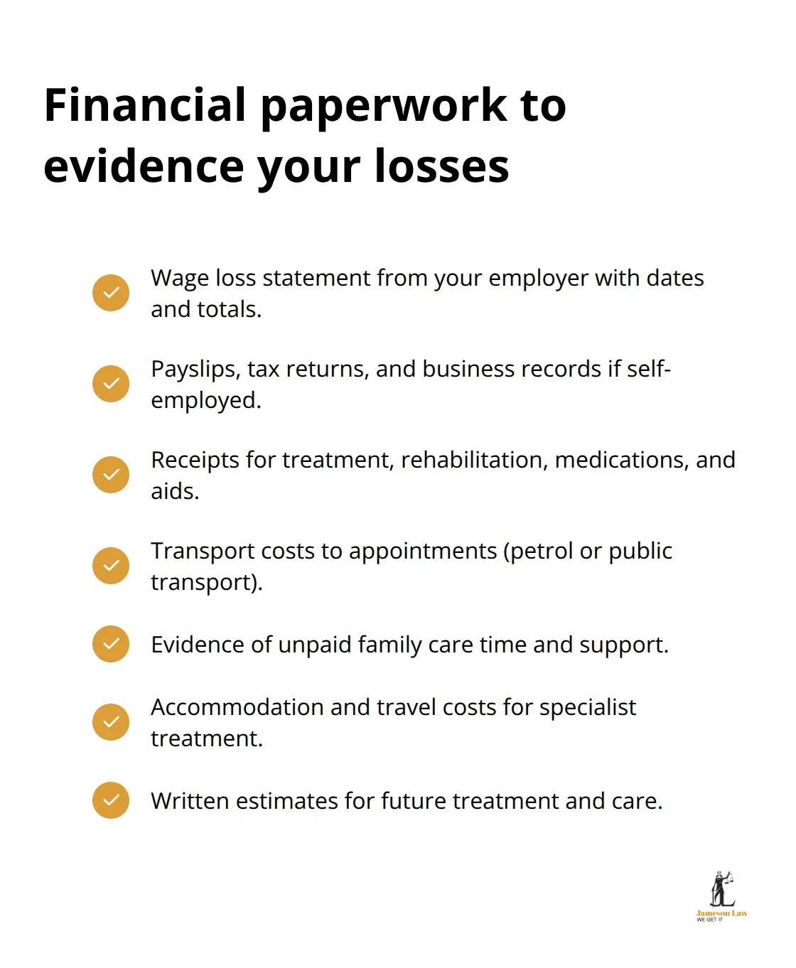 Checkmark list of financial documents for Australian personal injury claims