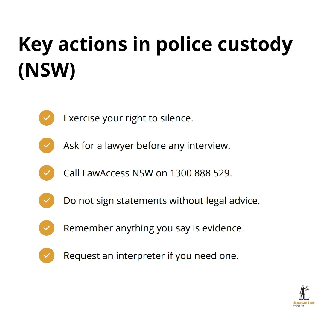 Checklist of what to do during police custody in NSW, including right to silence and calling LawAccess.