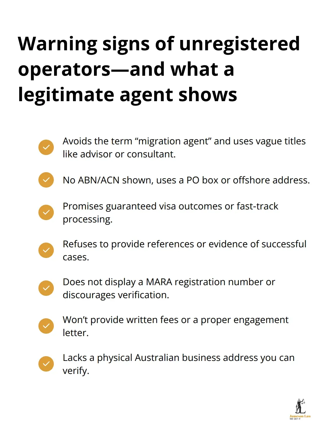 infographic Registered migration agent NSW 2 1790054496 Checklist of red flags for unregistered migration operators and legitimacy cues to verify in Australia. - Registered migration agent NSW