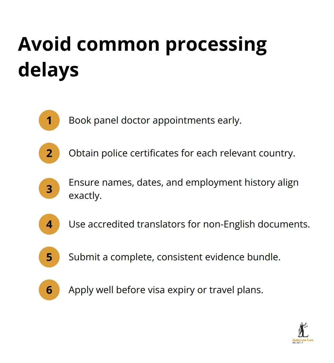 Compact checklist of steps to prevent Australian visa processing delays.