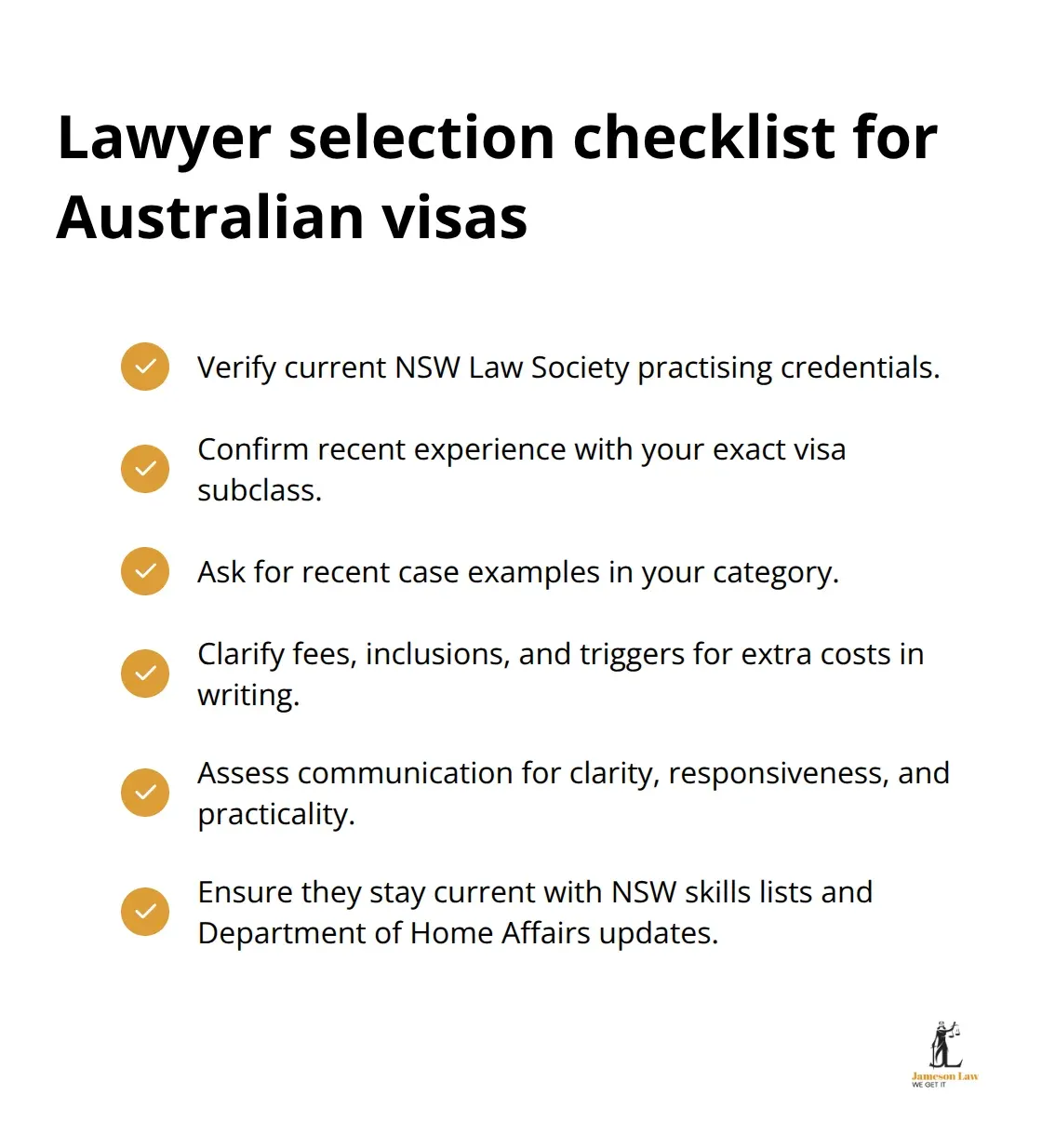 Checkmarked list of what to verify when choosing an Australian immigration lawyer.