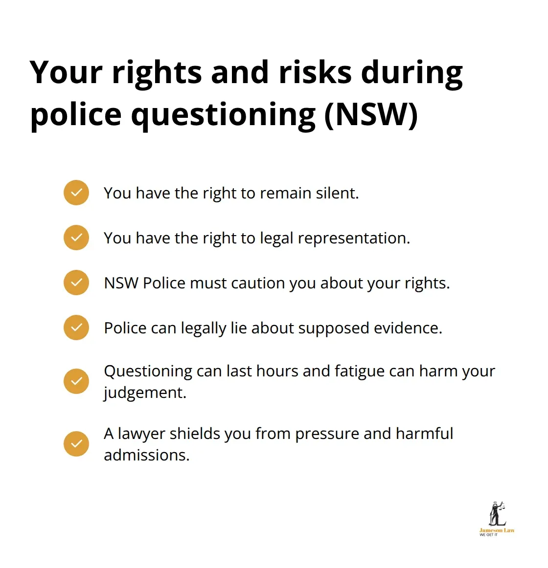 infographic Theft charges defense 3 1793423140 Checklist outlining rights, police tactics, and why a lawyer’s presence matters during NSW police questioning.