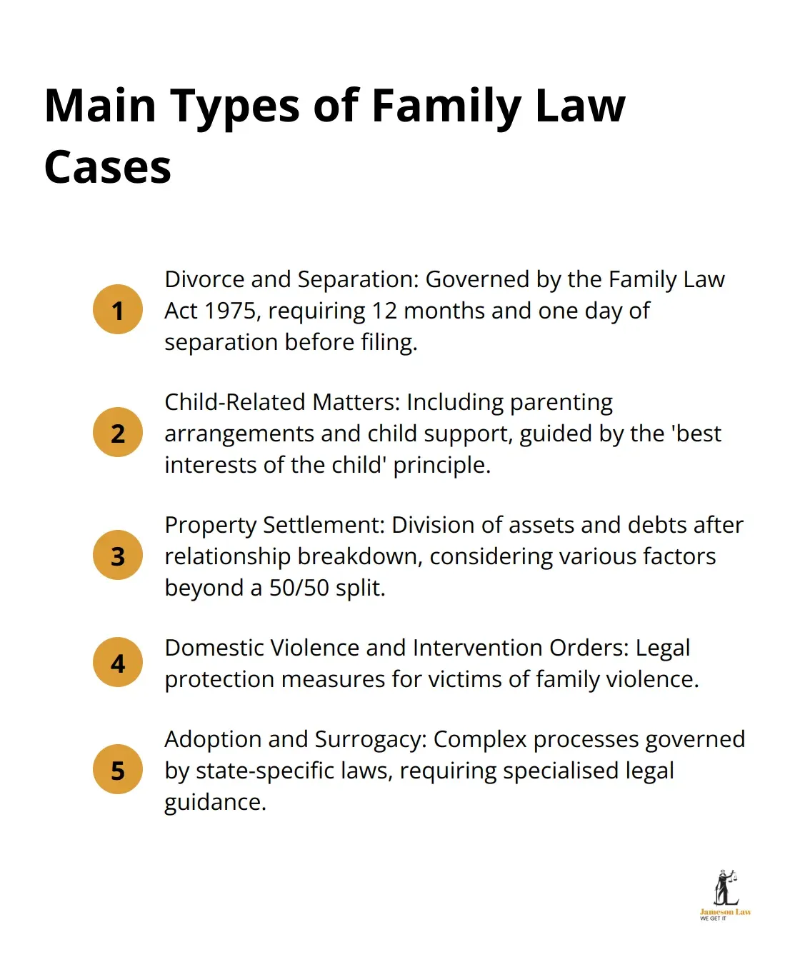 infographic best lawyer family law 2 1752635429 An ordered list chart showing five main types of family law cases: Divorce and Separation, Child-Related Matters, Property Settlement, Domestic Violence and Intervention Orders, and Adoption and Surrogacy. - best lawyer family law