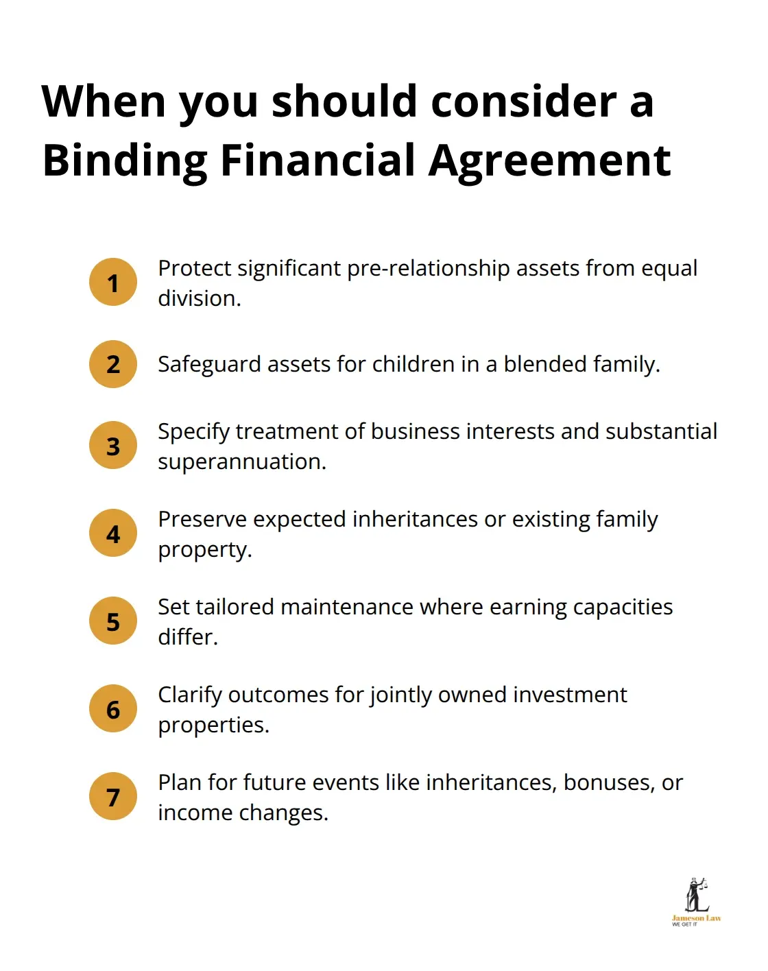 Situations where an Australian binding financial agreement is useful