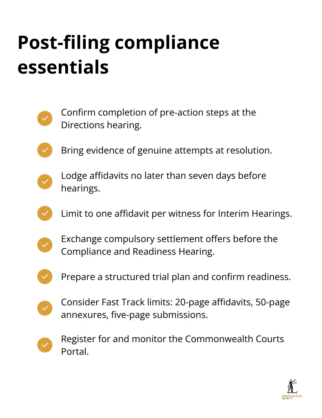 Checklist of key CPD compliance tasks after filing in Australian family law - central practice direction family law case management