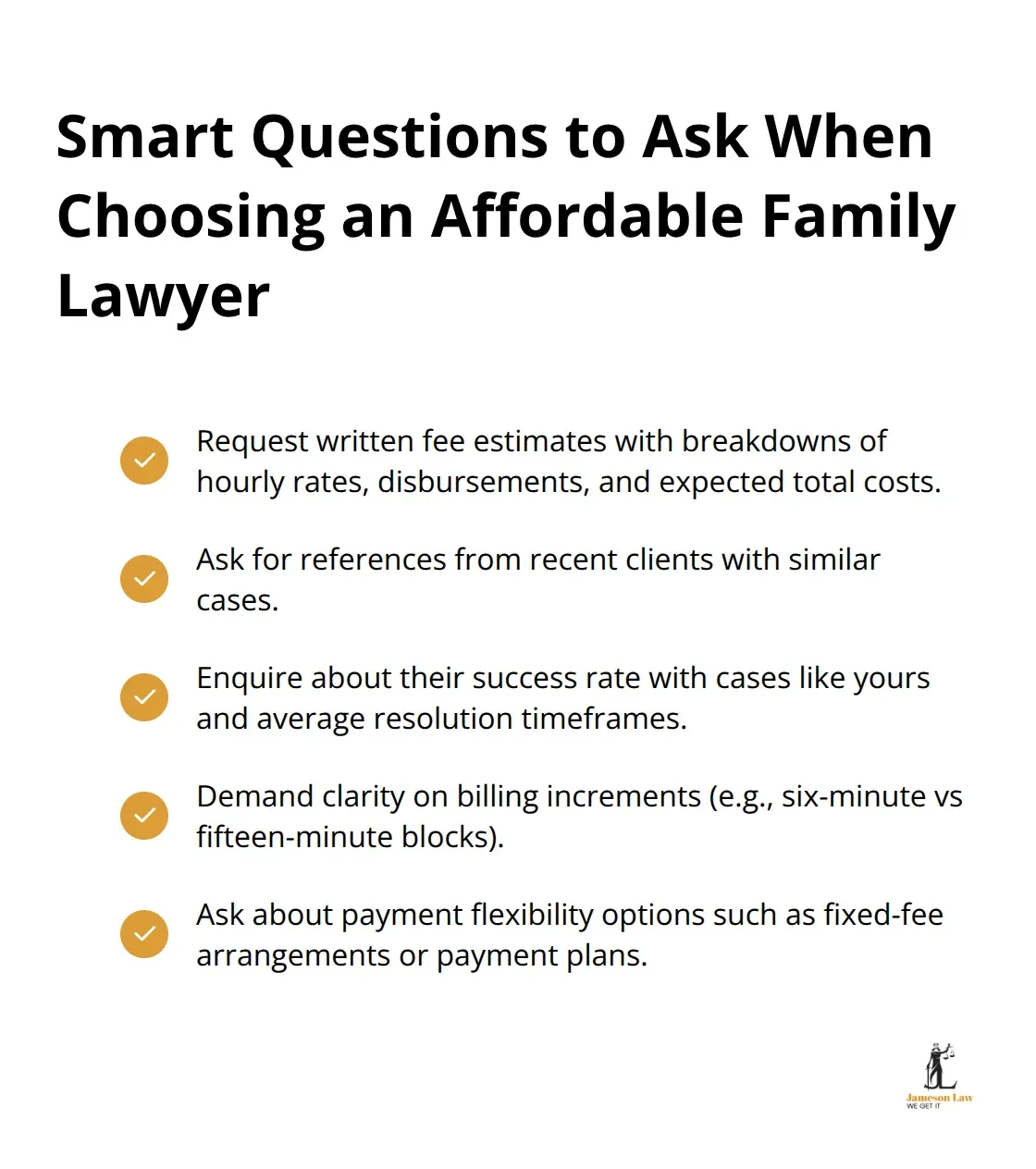 Checkmark list of important questions to ask when selecting an affordable family lawyer, including fee estimates, references, success rates, and billing practices - cheap family law