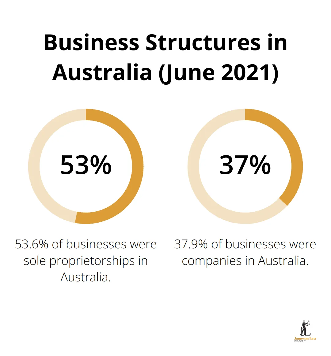 infographic commercial law 3 1748488232 Percentage chart showing 53.6% of businesses are sole proprietorships and 37.9% are companies in Australia as of June 2021 - commercial law