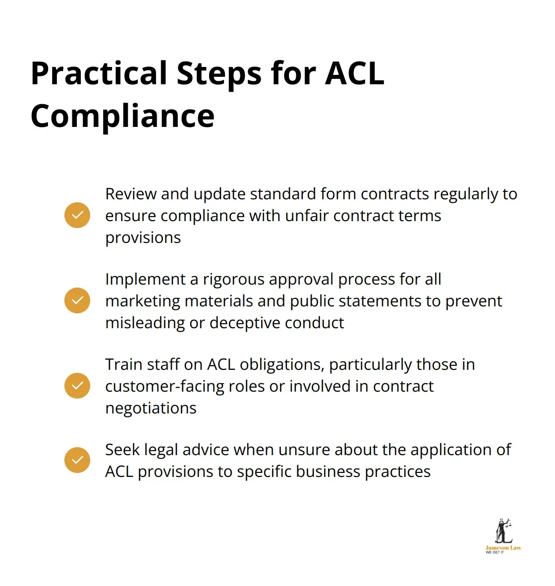 A checkmark list chart showing four practical steps for Australian Consumer Law (ACL) compliance