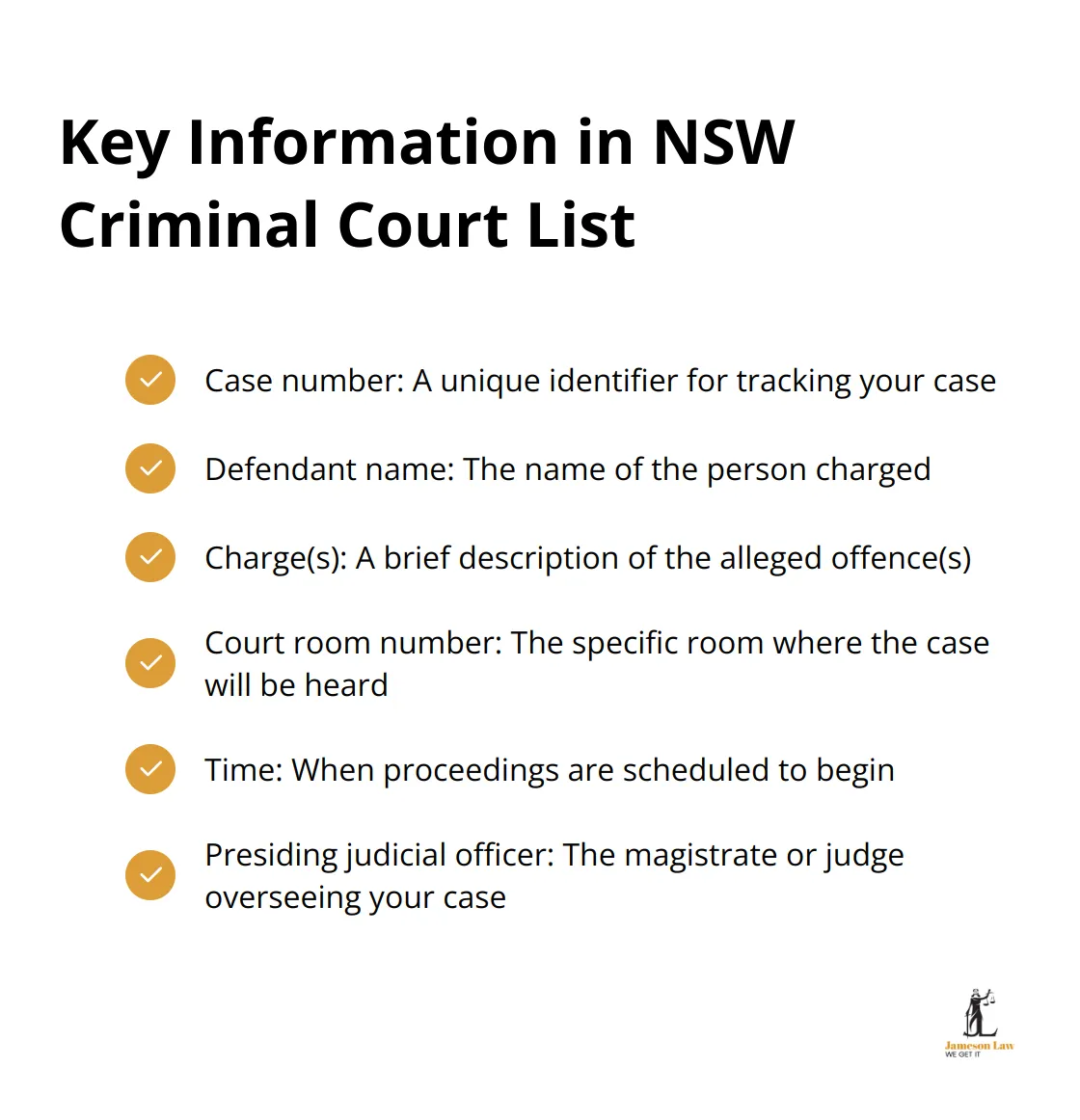 infographic criminal court list nsw 3 1751857798 Checkmark list showing six key pieces of information found in the NSW Criminal Court List - criminal court list nsw