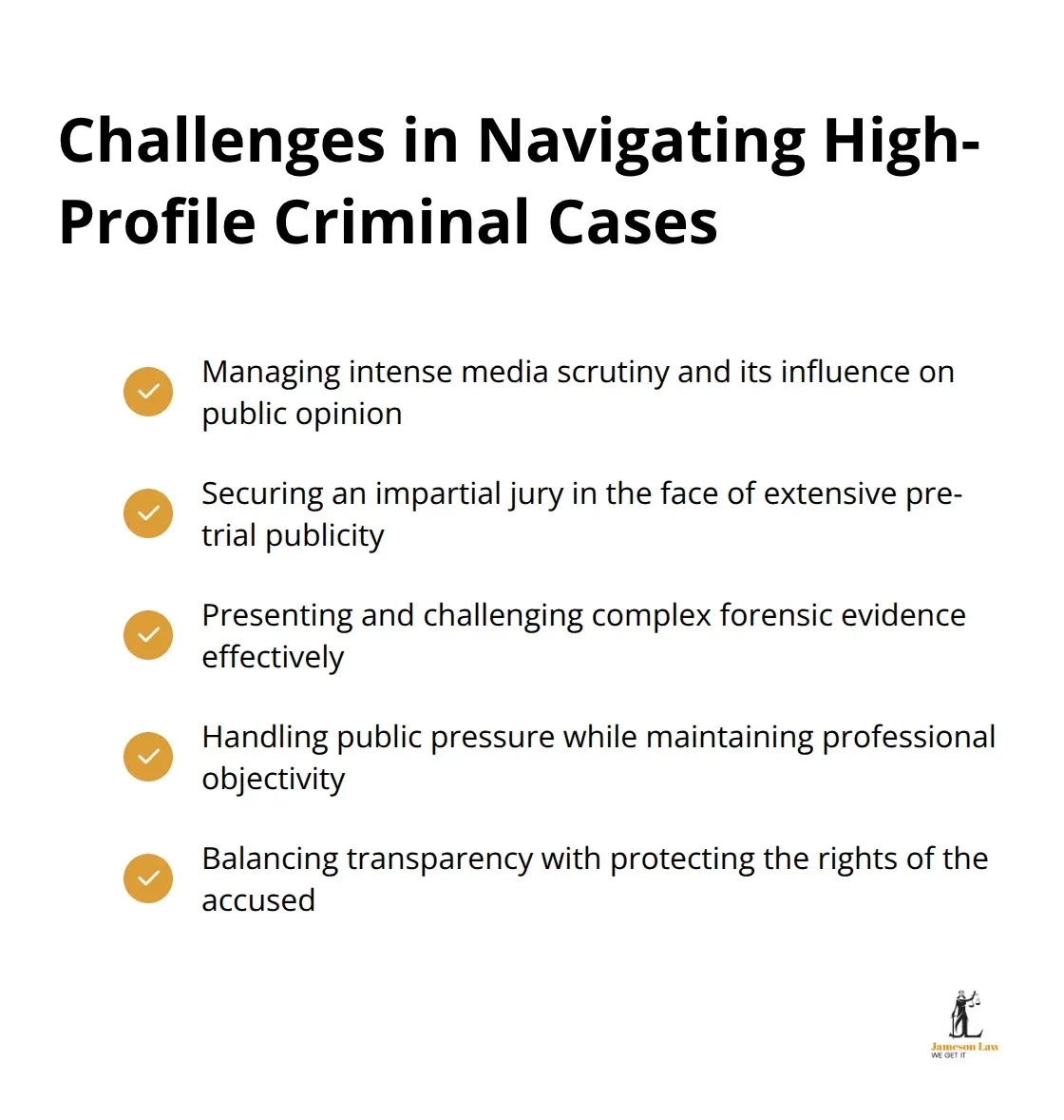 infographic criminal law cases australia 3 1757214697 Checkmark list chart showing five key challenges in navigating high-profile criminal cases in Australia, including media management, jury selection, forensic evidence presentation, public pressure, and maintaining judicial integrity.