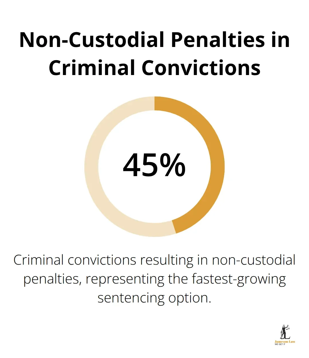 Pie chart illustrating that 45% of criminal convictions result in non-custodial penalties - criminal law types
