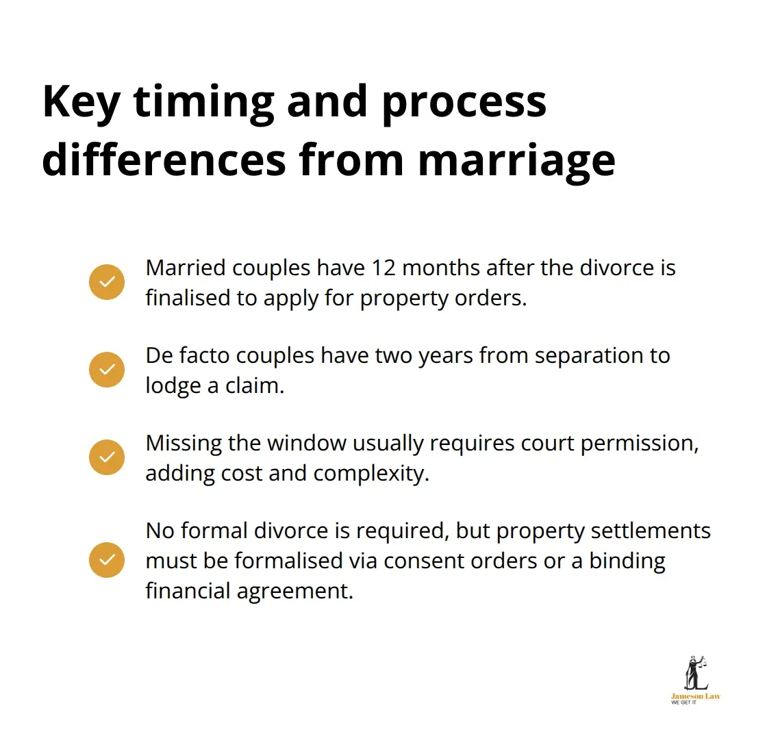 Checklist of timing rules and process differences for de facto separations versus marriage