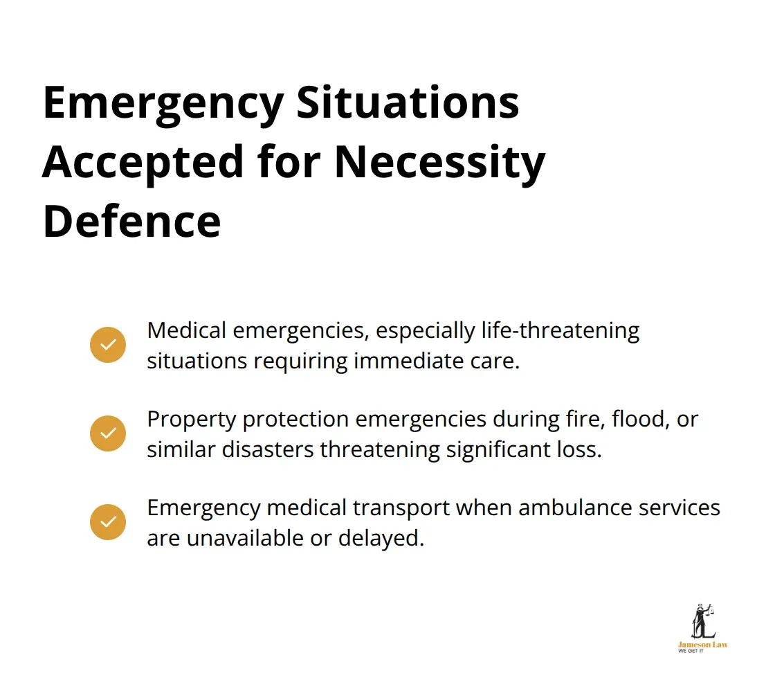 Checkmark list of emergency situations accepted by Australian courts for necessity defence: medical emergencies, property protection emergencies, and emergency medical transport. - doctrine of necessity in criminal law