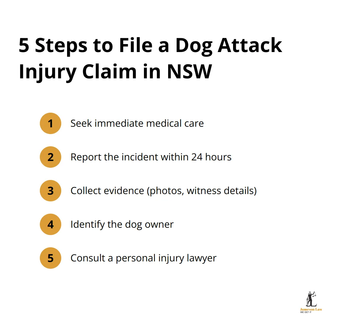 infographic dog attack injury claims 2 1751944182 Ordered list chart showing 5 steps to file a dog attack injury claim in NSW: seek medical care, report incident, collect evidence, identify dog owner, and consult a lawyer. - dog attack injury claims