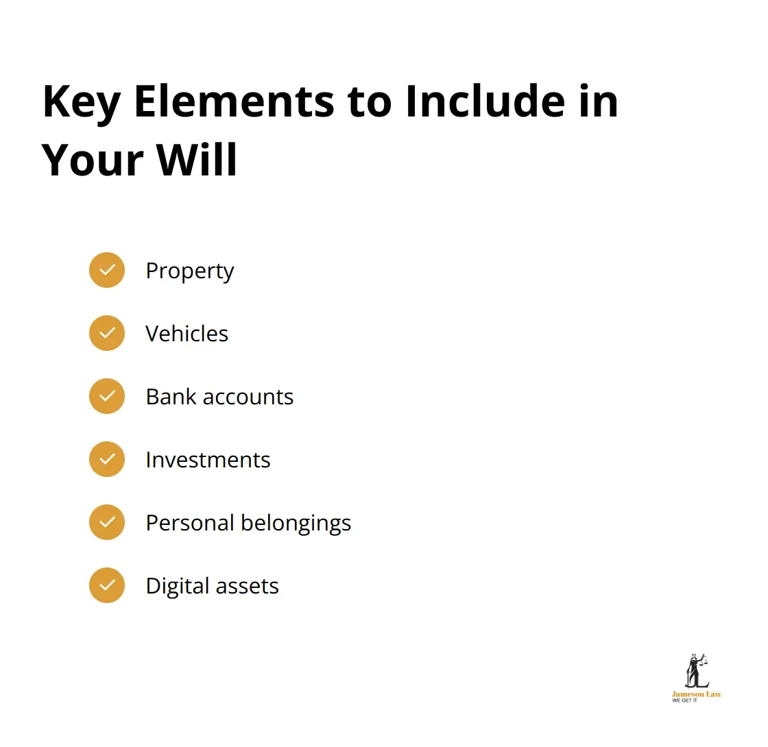 Checklist of key elements to include in a will: Property, Vehicles, Bank accounts, Investments, Personal belongings, Digital assets - estate planning checklist Australia
