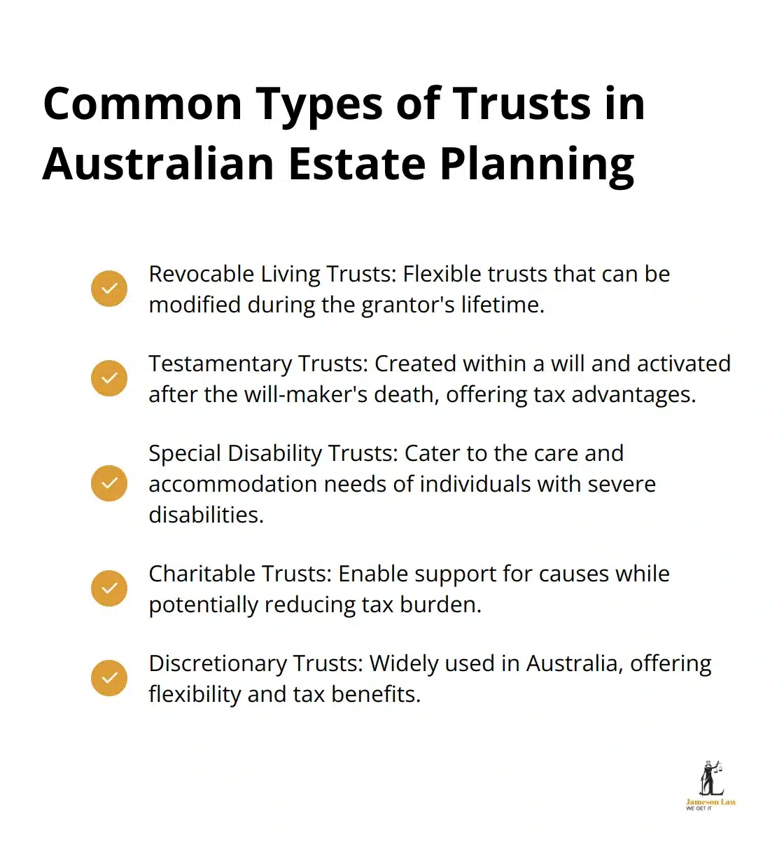 A checkmark list showing five common types of trusts used in Australian estate planning: Revocable Living Trusts, Testamentary Trusts, Special Disability Trusts, Charitable Trusts, and Discretionary Trusts - estate planning definitions