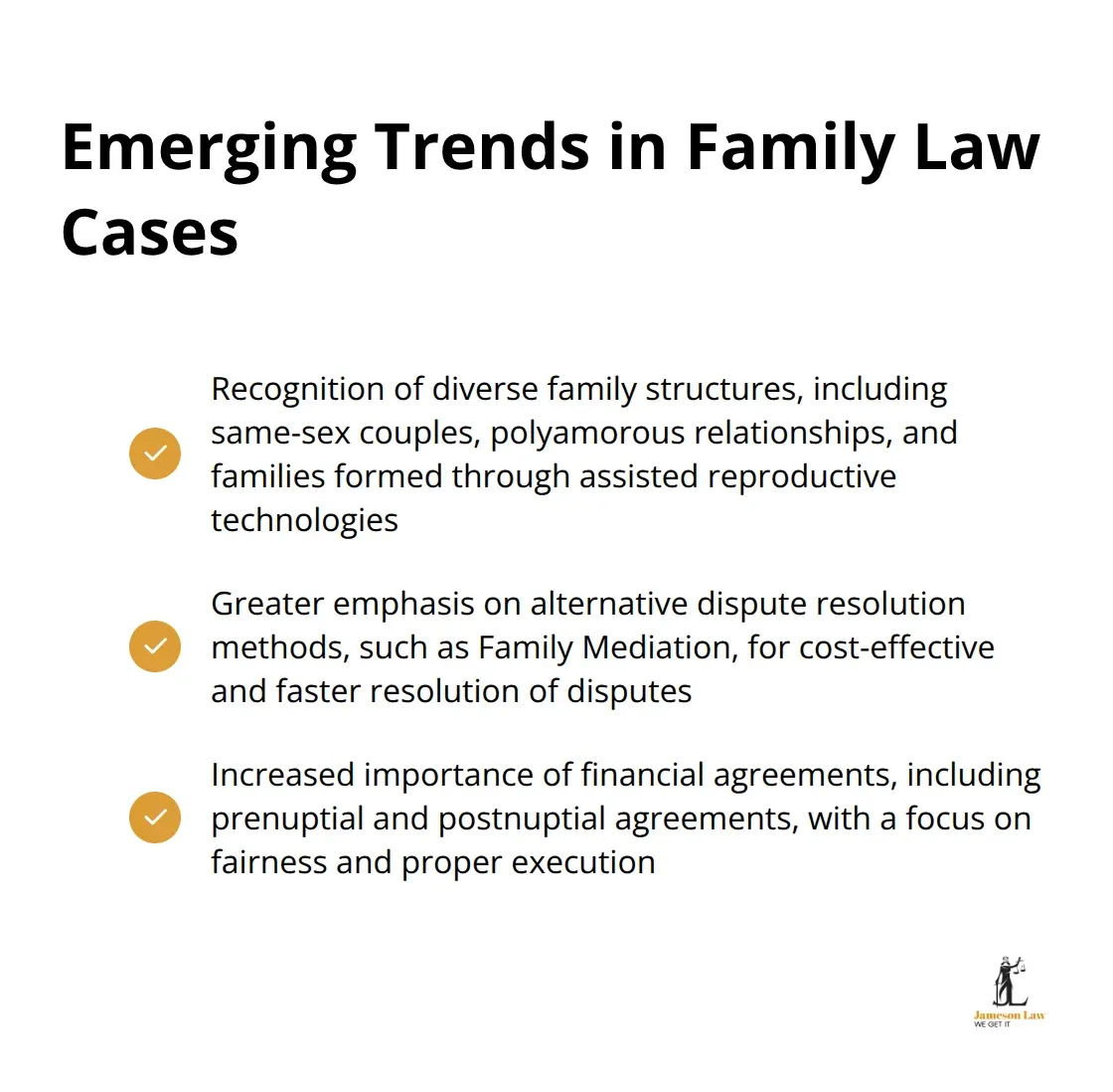 infographic family law case law 3 1757387430 Checkmark list chart showing three emerging trends in Australian family law cases: recognition of diverse family structures, alternative dispute resolution, and financial agreements