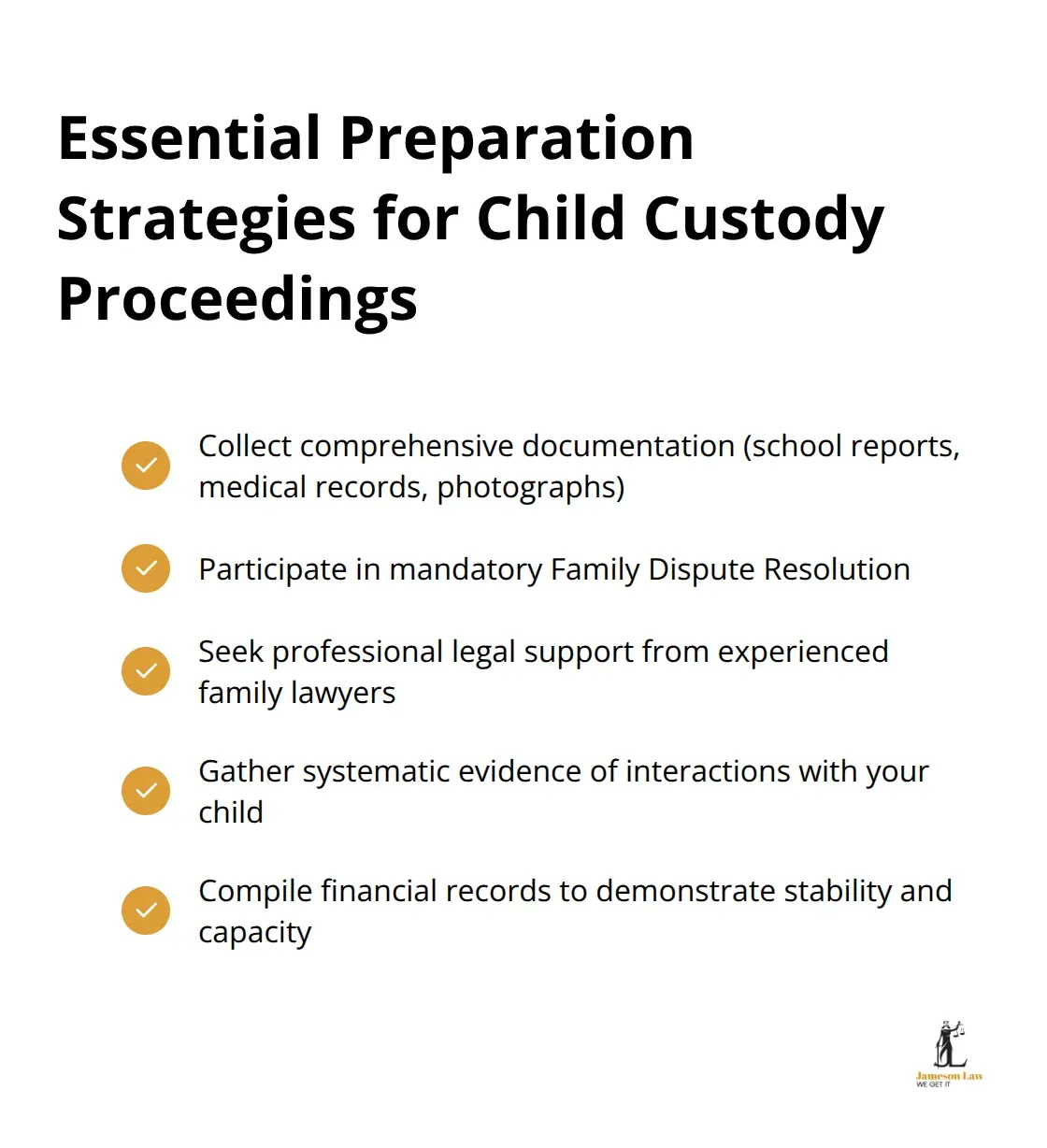 Checkmark list chart showing five essential preparation strategies for child custody proceedings: documentation collection, family dispute resolution, professional legal support, evidence gathering, and financial record compilation. - family law child custody