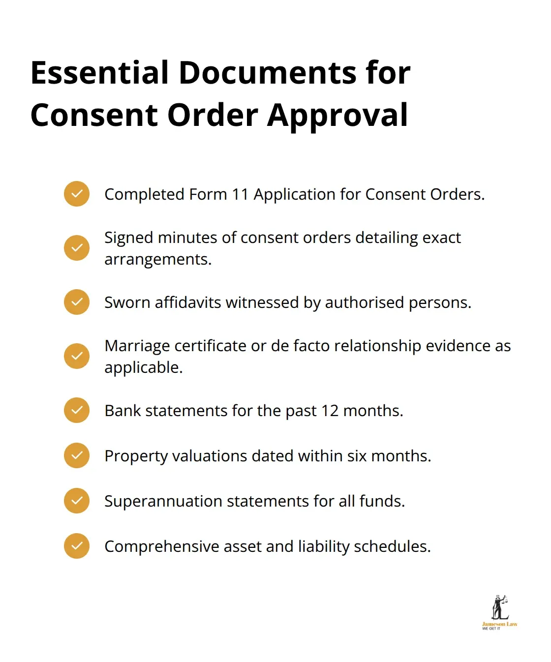 Checklist of required documents for a complete consent order application in Australia - family law consent orders