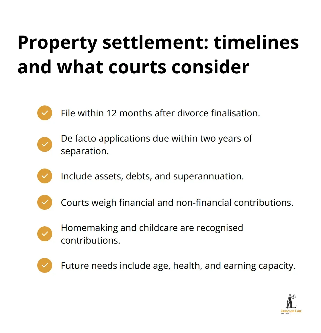 Checklist of key deadlines and assessment factors for Australian family property settlements - family law definitions