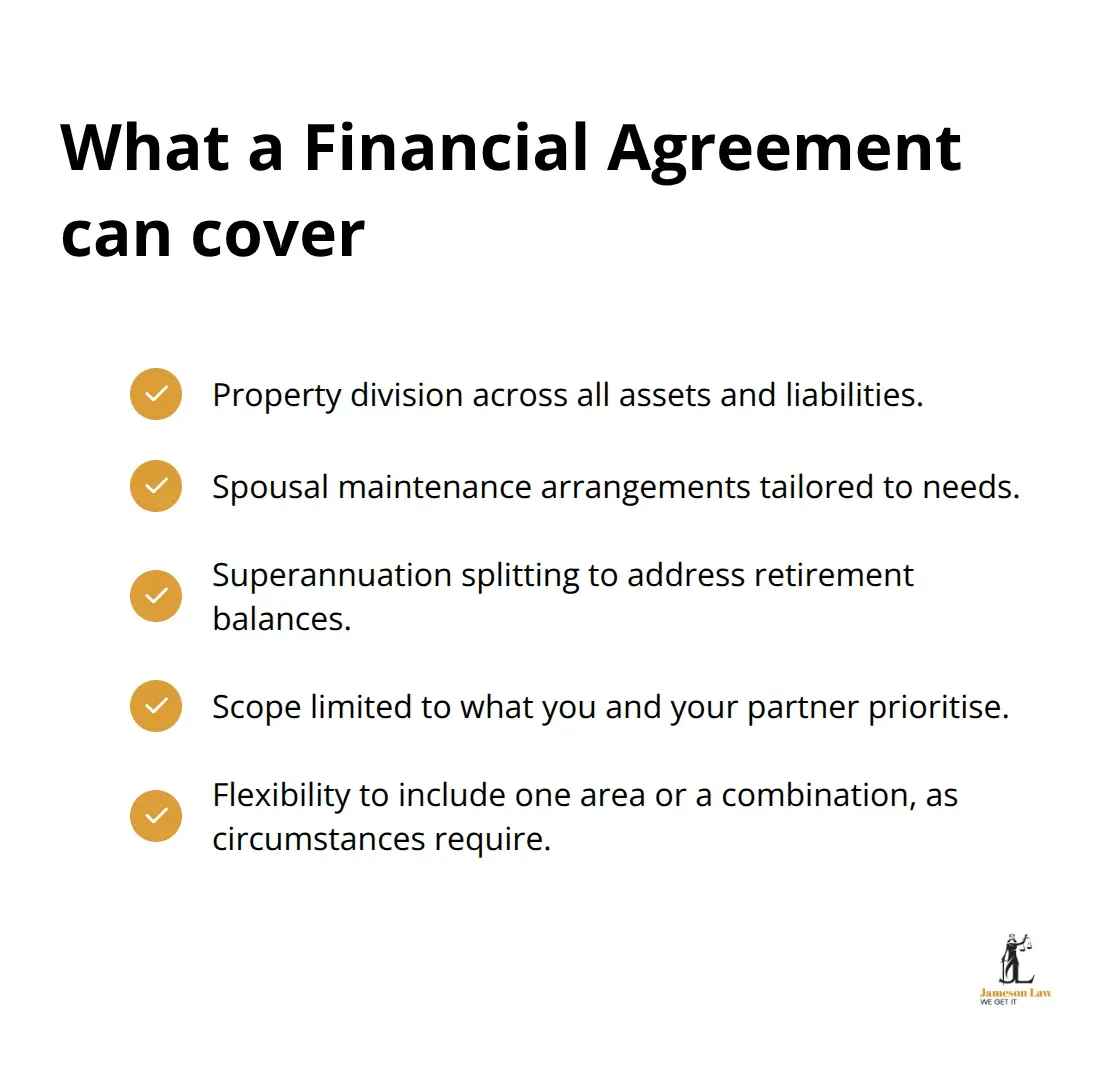 Checklist of key areas a Financial Agreement can include in Australia - family law financial agreements