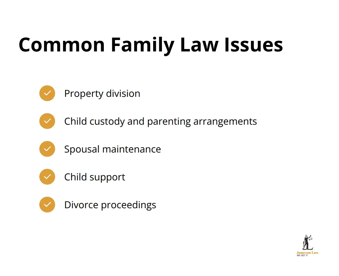 A list of five common family law issues: property division, child custody and parenting arrangements, spousal maintenance, child support, and divorce proceedings. - family law resolutions