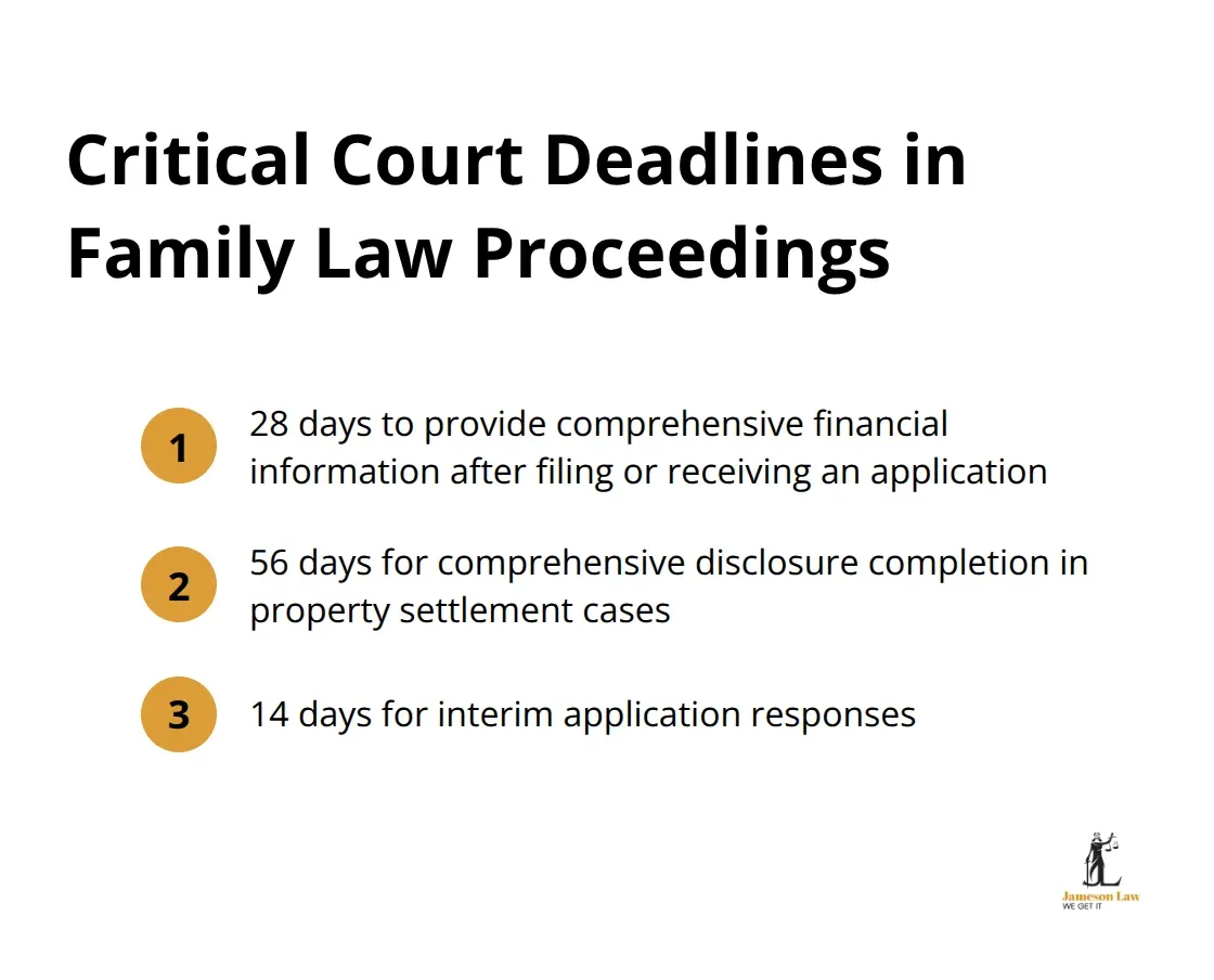 Ordered list chart showing three critical court deadlines: 28 days for financial information, 56 days for property settlement disclosure, and 14 days for interim application responses