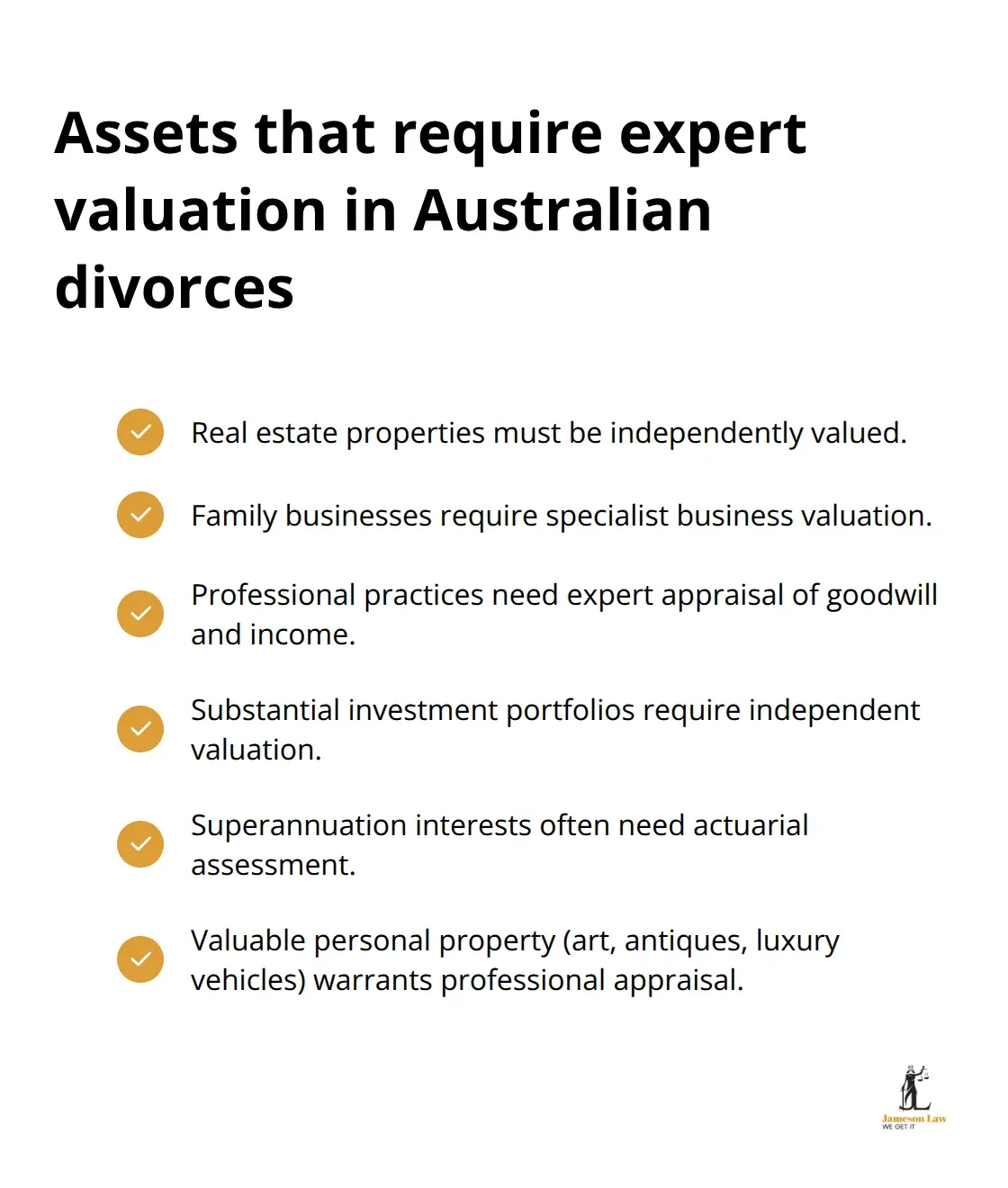 Checklist of asset categories that typically need professional valuation in Australian divorce matters - family law valuation