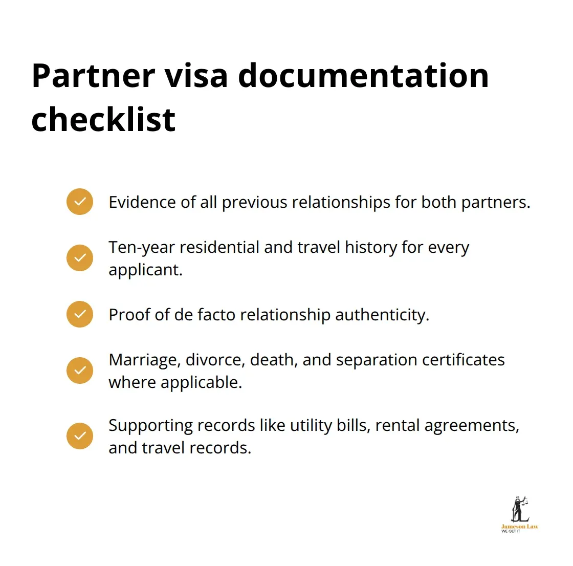 Checklist of key partner visa evidence for Australia, including relationship proof and 10-year histories.