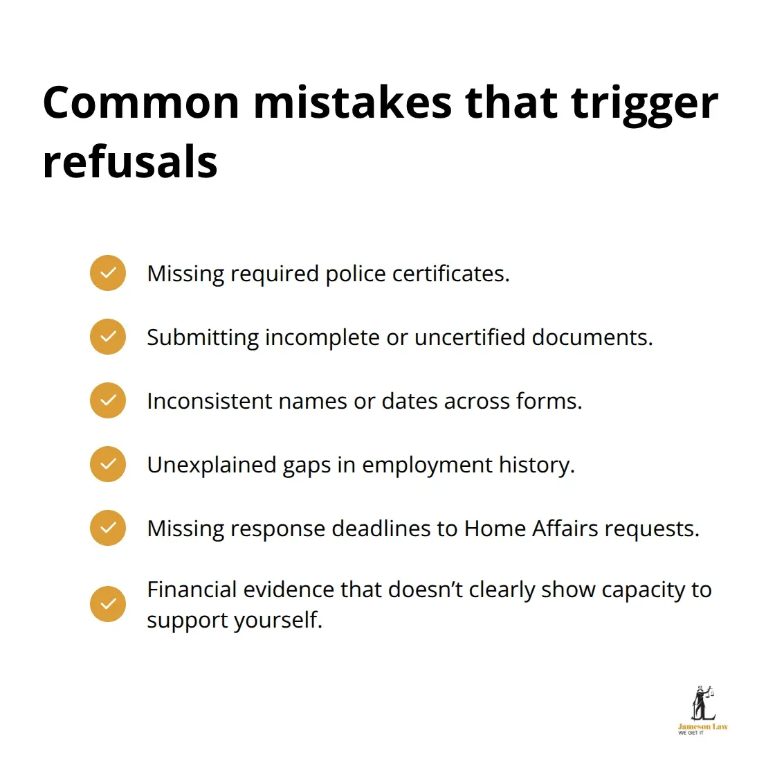 Checklist of frequent visa application mistakes that lead to refusal by Home Affairs.
