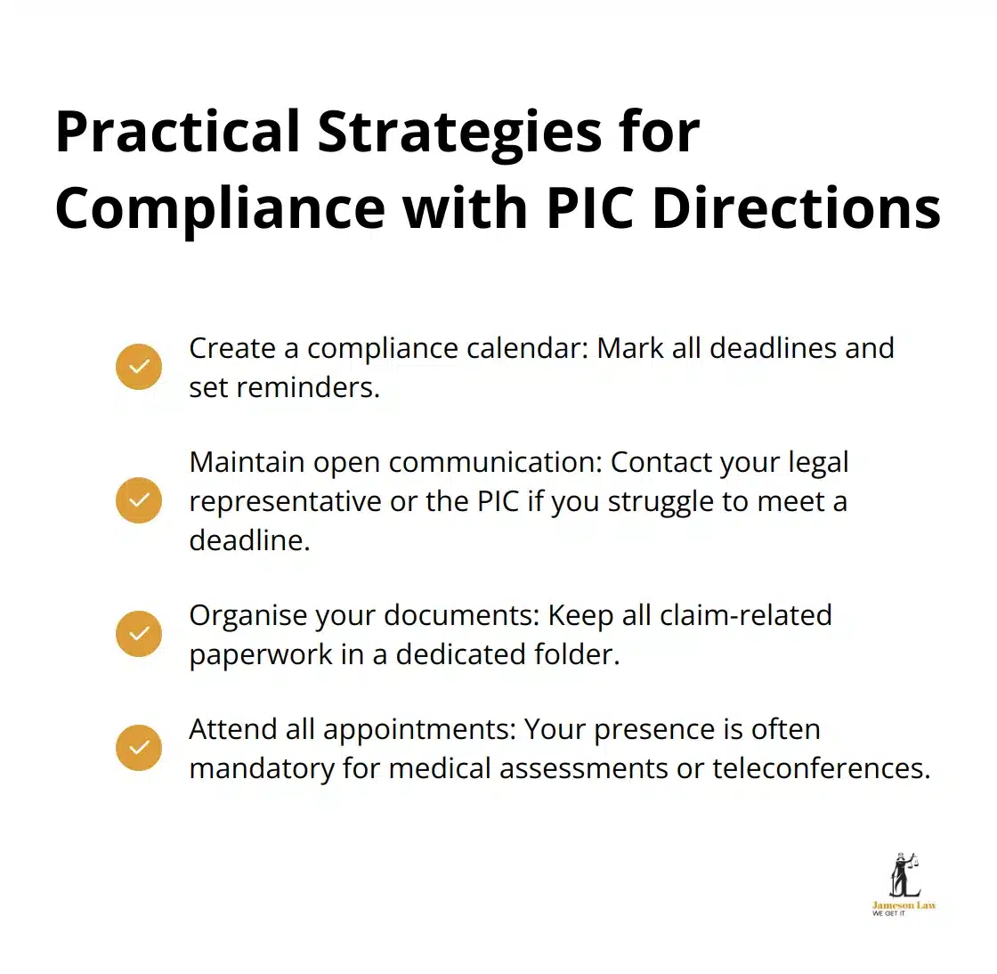 infographic personal injury commission procedural directions 3 1749006679 A checkmark list chart showing four practical strategies for compliance with Personal Injury Commission procedural directions: Create a compliance calendar, Maintain open communication, Organise your documents, and Attend all appointments.