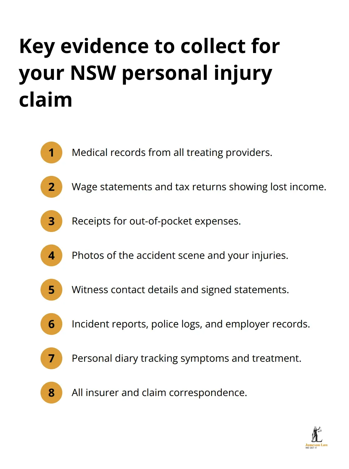 Compact checklist of essential evidence items for a NSW personal injury claim - personal injury lawyer NSW