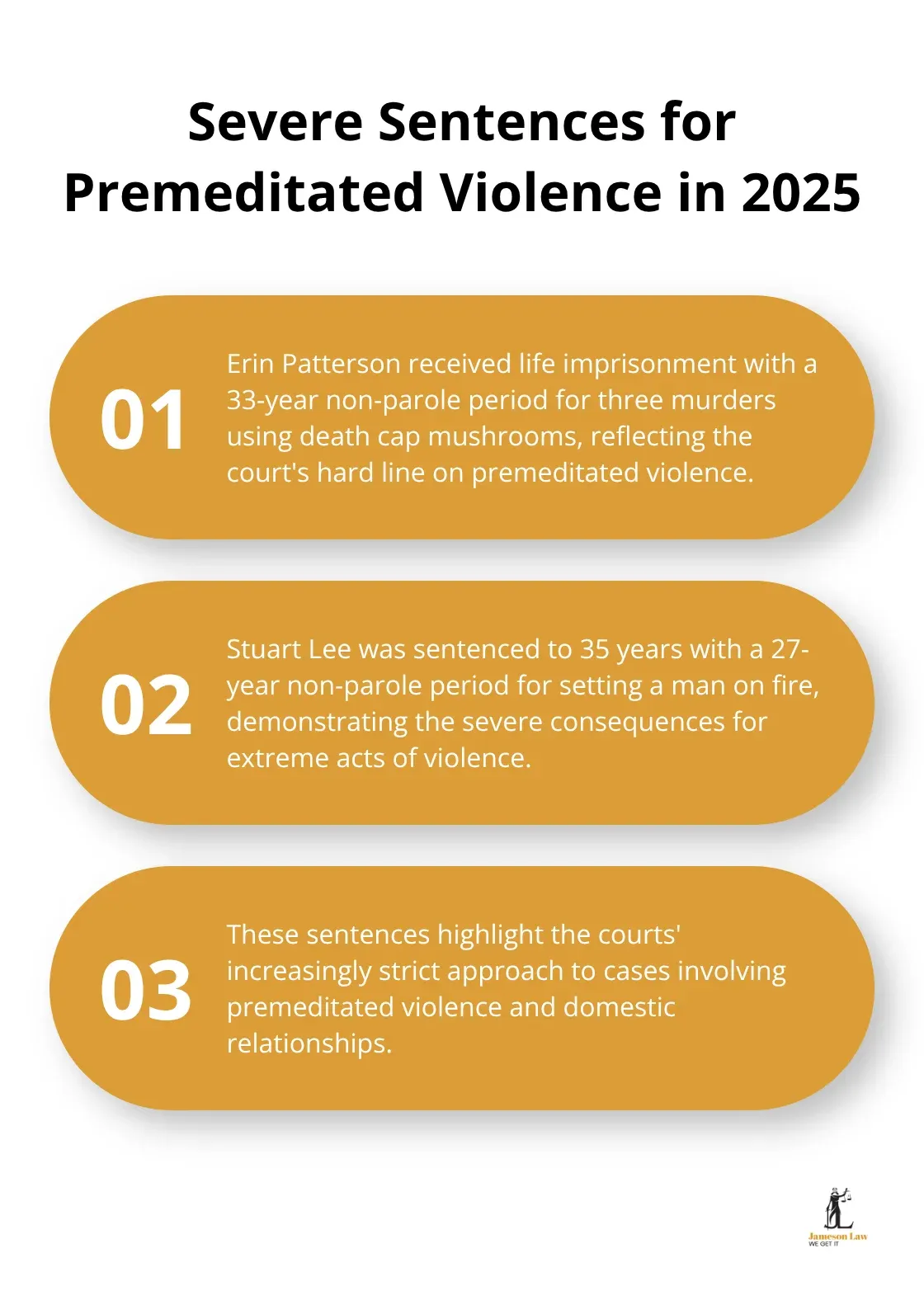 Chart showing severe sentences for premeditated violence cases in Victoria, including life imprisonment for Erin Patterson and 35 years for Stuart Lee. - recent criminal law cases