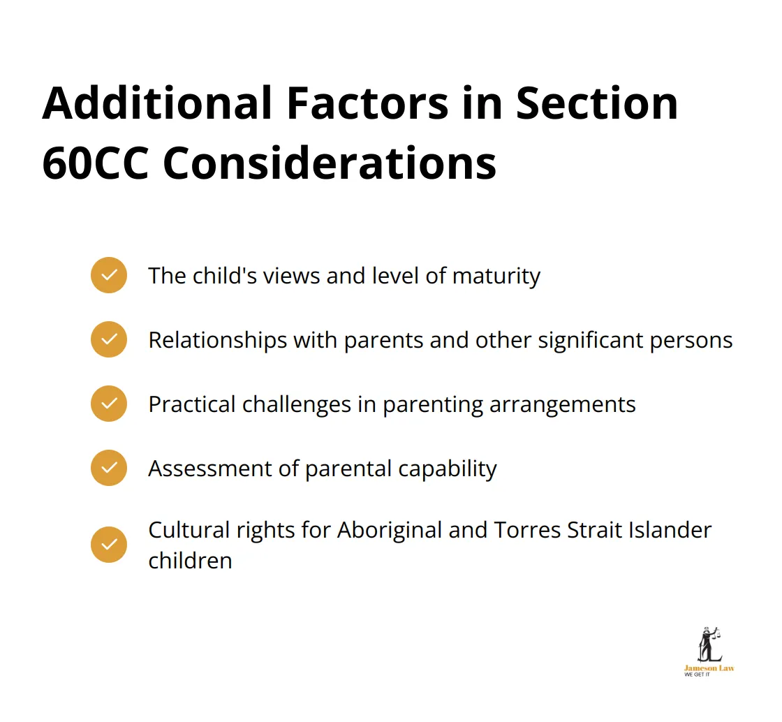 infographic s60cc family law act 3 1747796999 Checkmark list chart showing five additional factors courts consider under Section 60CC: child's views, relationships, practical challenges, parental capability, and cultural rights for Indigenous children - s60cc family law act