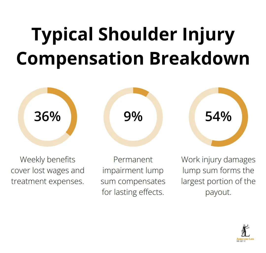 infographic shoulder injury compensation payouts australia 2 1750907443 A percentage chart showing the breakdown of a typical shoulder injury compensation payout in Australia: 36.6% for weekly benefits, 9.4% for permanent impairment lump sum, and 54% for work injury damages lump sum. - shoulder injury compensation payouts australia