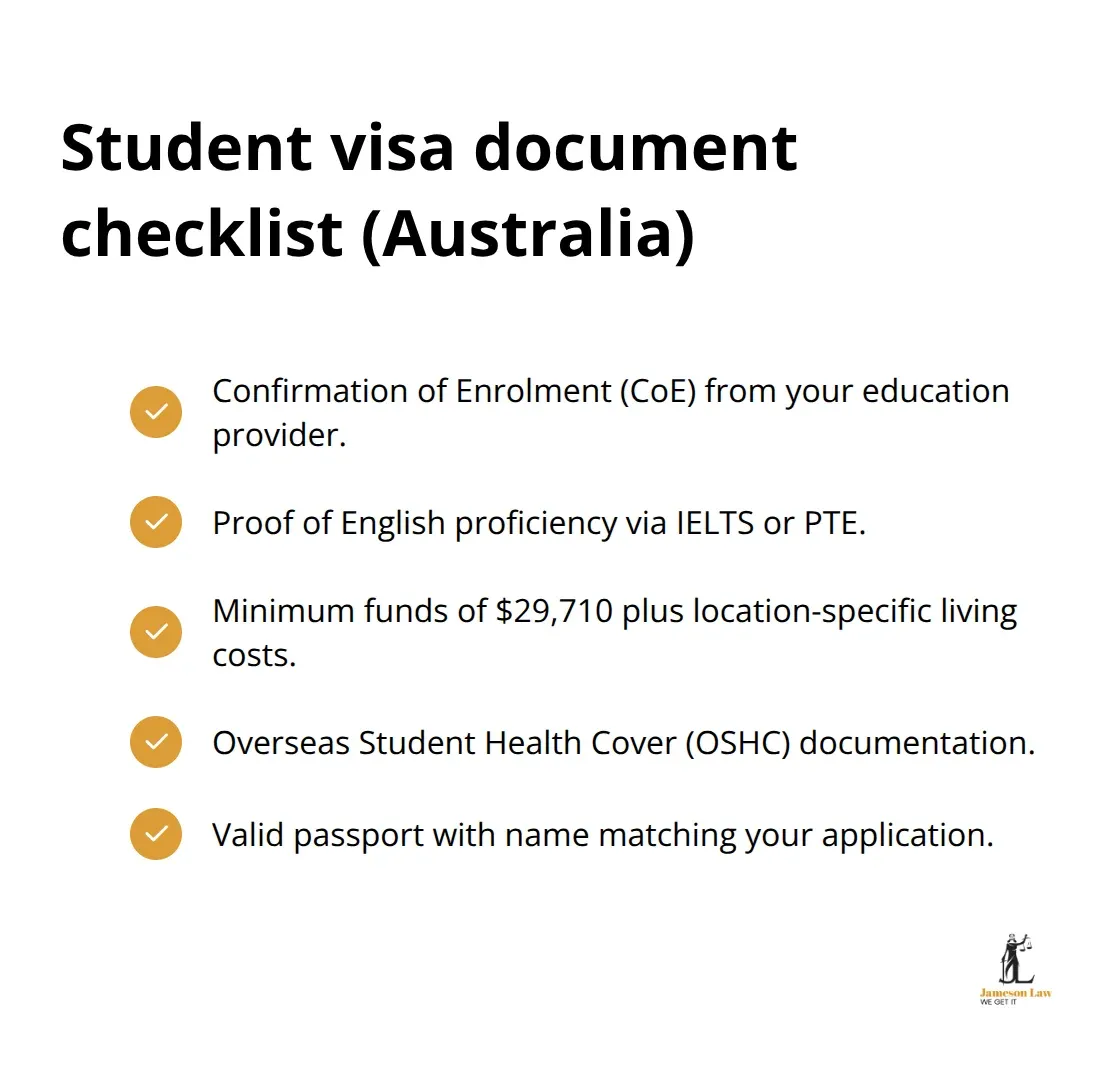 Checklist of key student visa documents for Australia, including funds and OSHC.