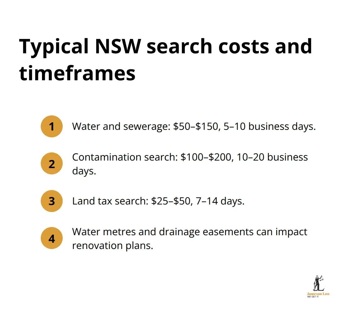 Compact list of standard NSW conveyancing search costs and timeframes.